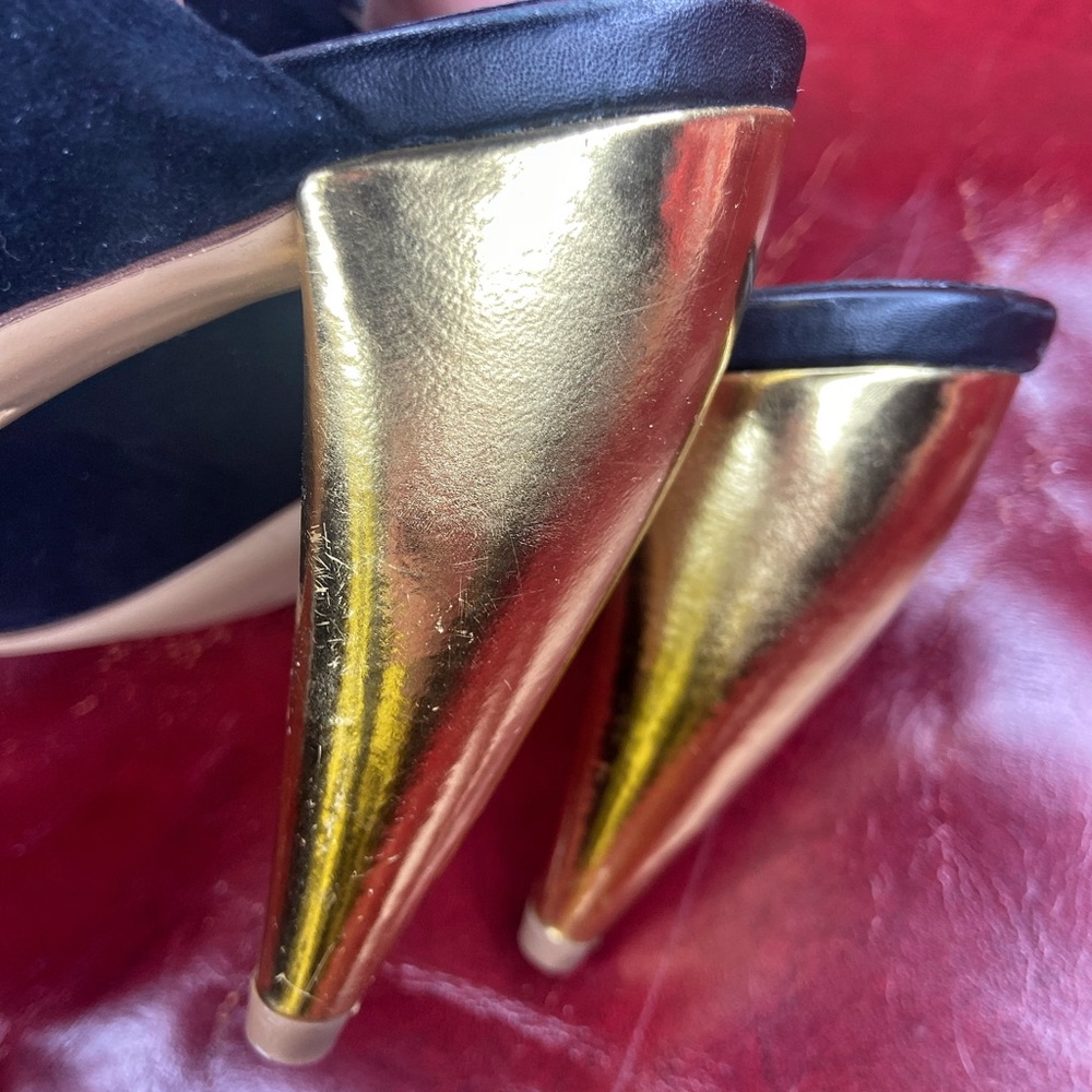 Gold and Black Suede Leather Tori Burch Mule Heels Size 9.5 - Picture 2 of 4